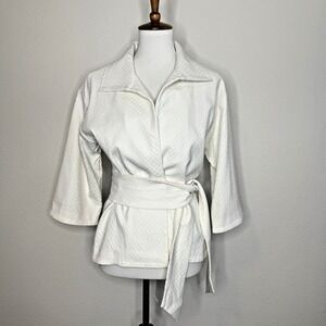 NATORI Tie Wrap Bed Jacket Robe SM Textured Creamy White Wide 3/4 Sleeves Lounge